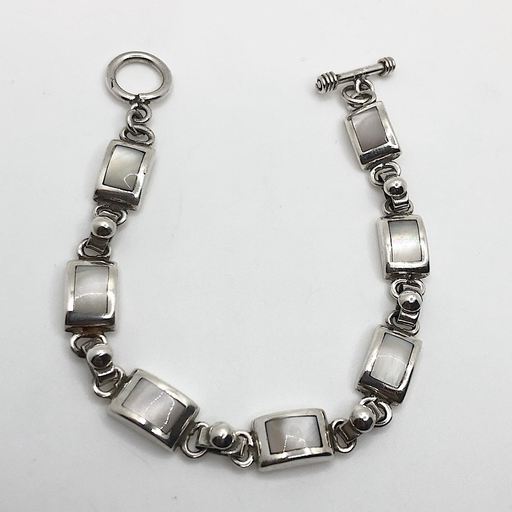 Vtg Sterling & MOP mother of Pearl Bracelet w Toggle Clasp 7.5” / 20g